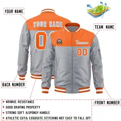 Orange Gray Color Block Letterman Varsity Full-Zip Bomber Jacket 2
