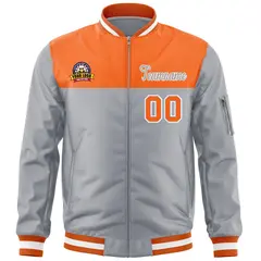 Orange Gray Color Block Letterman Varsity Full-Zip Bomber Jacket 3