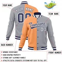 Orange Gray-Navy Two Tone Split Varsity Full-Snap Letterman Jacket 4