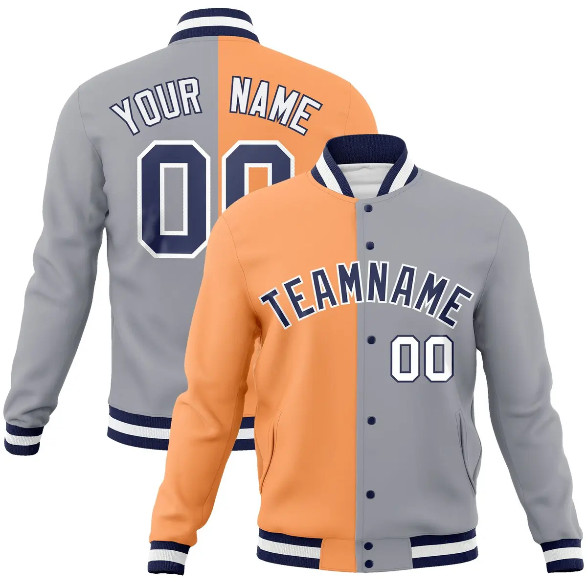 Orange Gray-Navy Two Tone Split Varsity Full-Snap Letterman Jacket