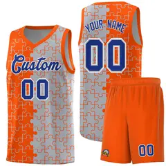 Orange Gray Puzzle Pattern Splid Basketball Kits 1