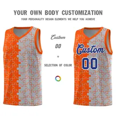 Orange Gray Puzzle Pattern Splid Basketball Kits 3