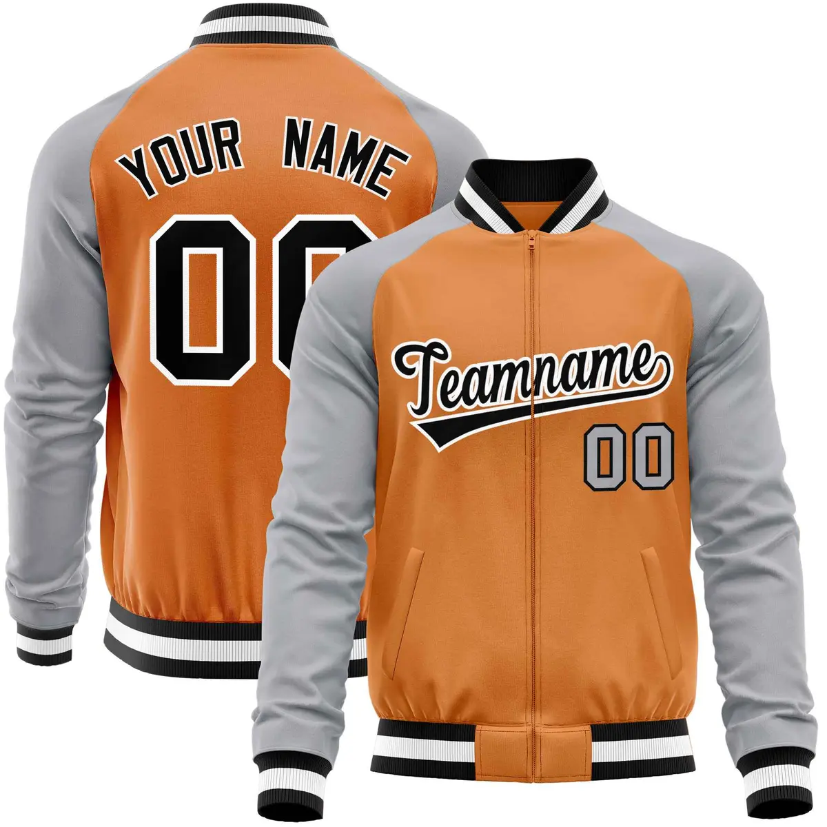 Orange Gray Varsity Full-Zip Raglan Sleeves Letterman Baseball Jacket