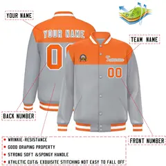 Orange Gray-White Color Block Lettermen Baseball Jacket 2