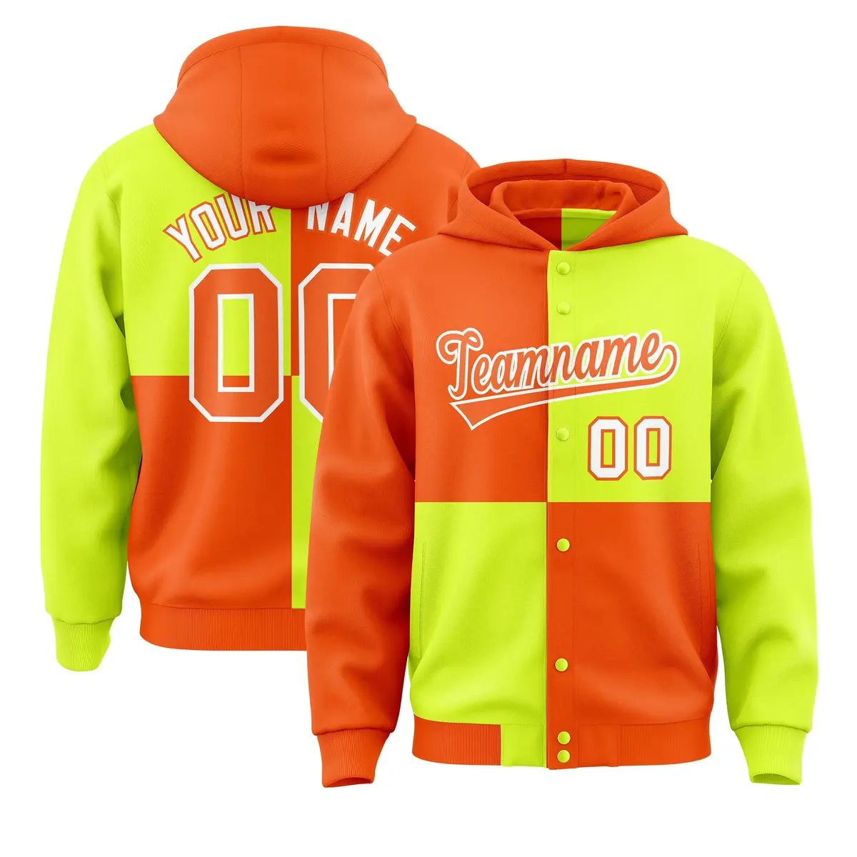 Orange Green Color Block Varsity Letterman Jacket Hoodie