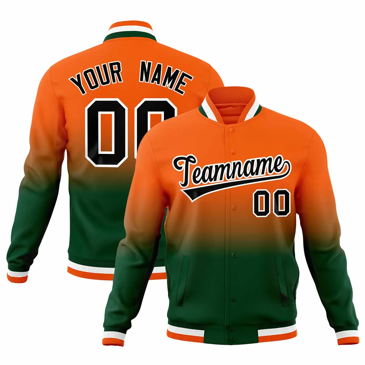 Orange Green Gradient Full-Snap Varsity Letterman Jacket