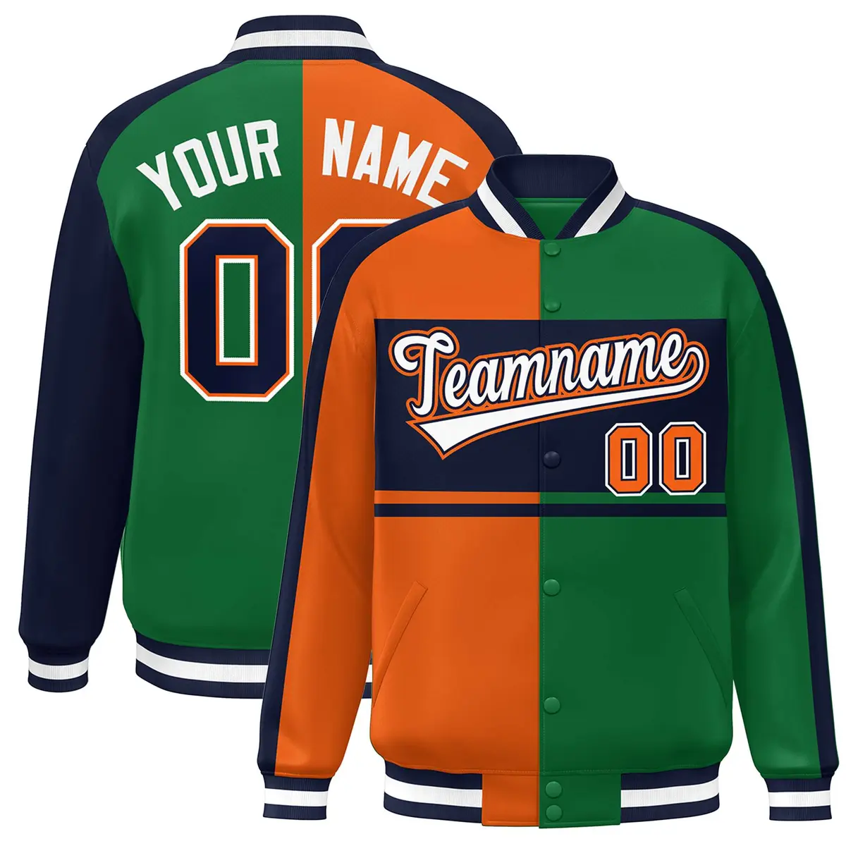 Orange Green Navy-White Color Block Varsity Baseball Jacket