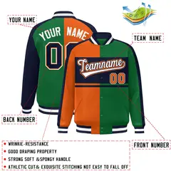 Orange Green Navy-White Color Block Varsity Baseball Jacket 2
