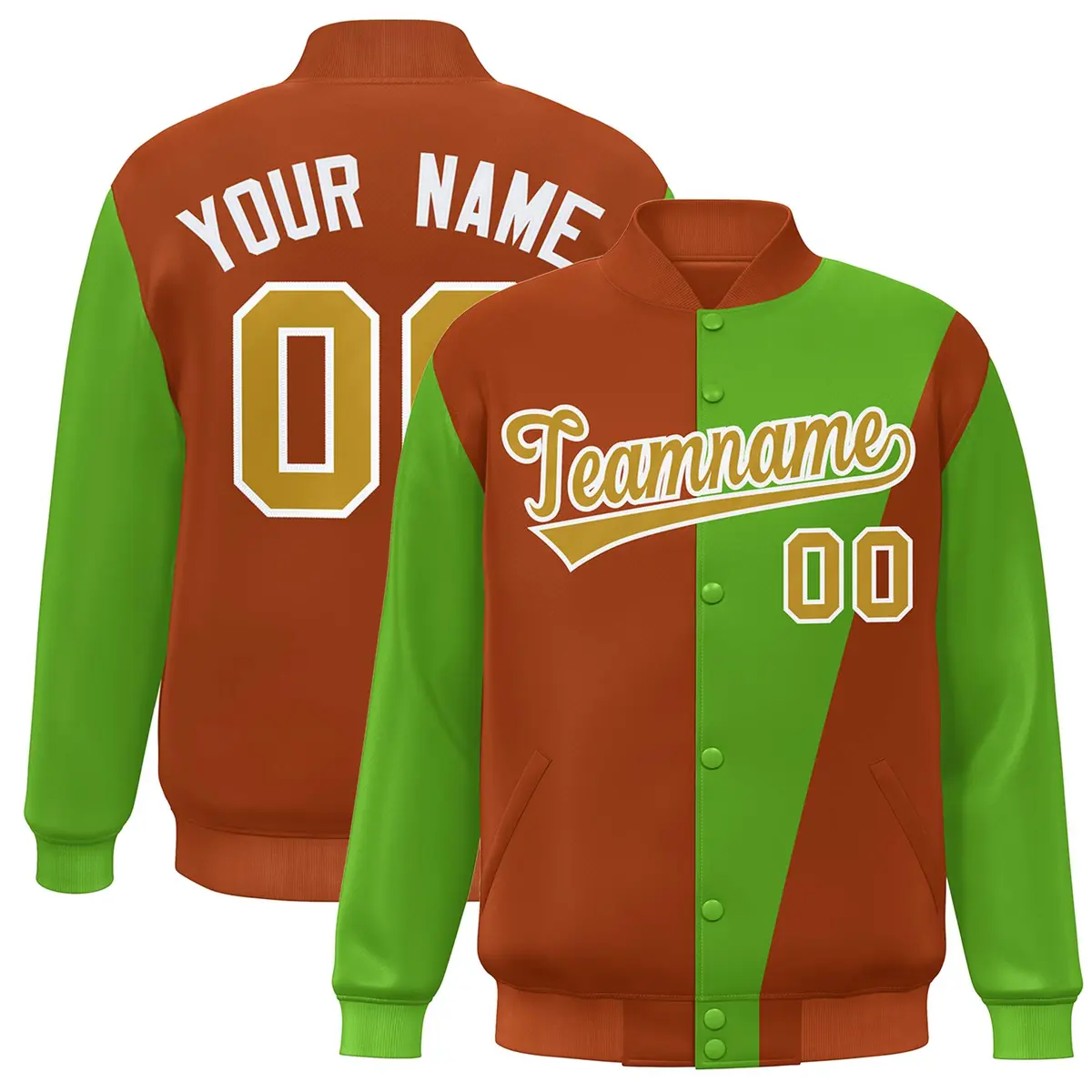 Orange Green-Old Gold Color Block Varsity Full-Snap Bomber Jacket