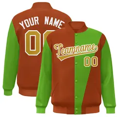 Orange Green-Old Gold Color Block Varsity Full-Snap Bomber Jacket