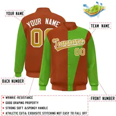 Orange Green-Old Gold Color Block Varsity Full-Snap Bomber Jacket 2