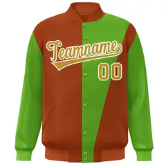 Orange Green-Old Gold Color Block Varsity Full-Snap Bomber Jacket 3