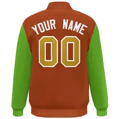 Orange Green-Old Gold Color Block Varsity Full-Snap Bomber Jacket 4