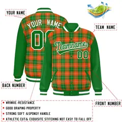 Orange Green-White Varsity Plaid Pattern Full-Snap Letterman Jacket 2