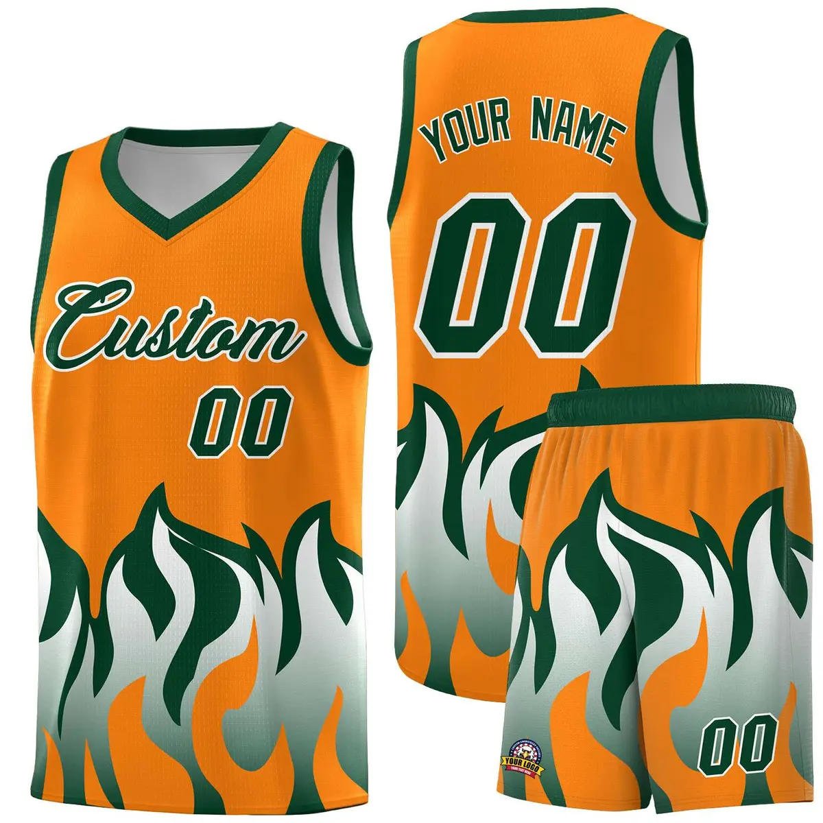 Orange Hunter Green Flame Pattern Sports Basketball Jersey