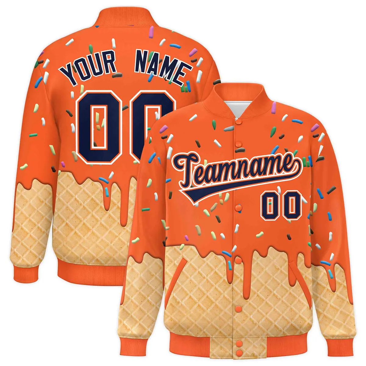 Orange Ice Cream Cone Graffiti Full-Snap Varsity Letterman Jacket