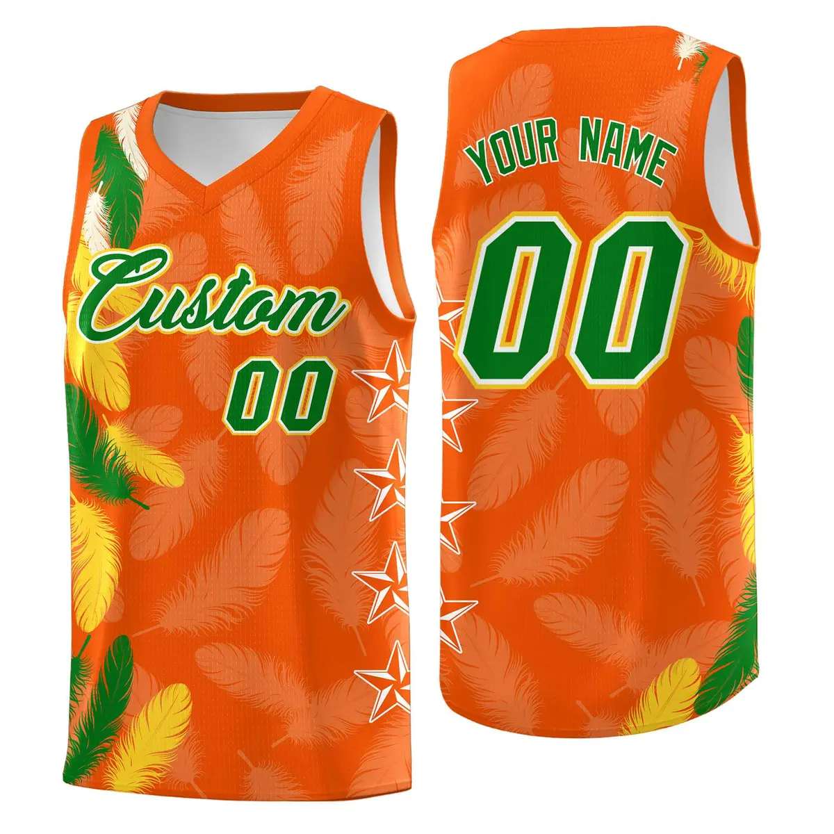Orange Kelly Green Feather Series Graffiti Pattern Basketball Jersey