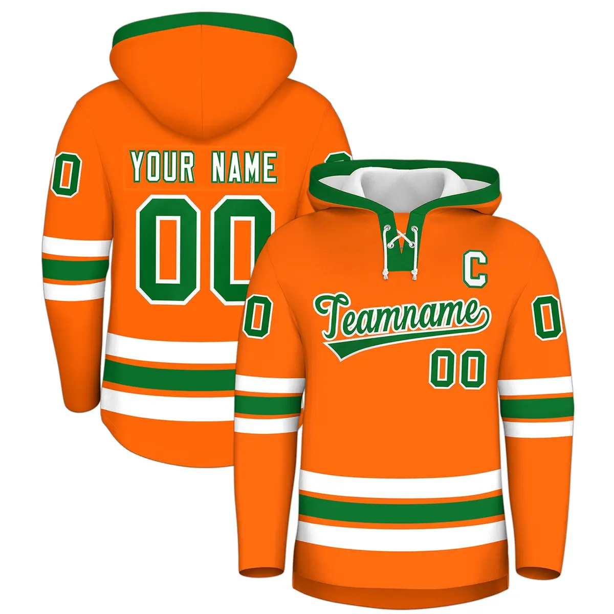 Orange Kelly Green Lace-Up Neck Hockey Hoodie Classic Style