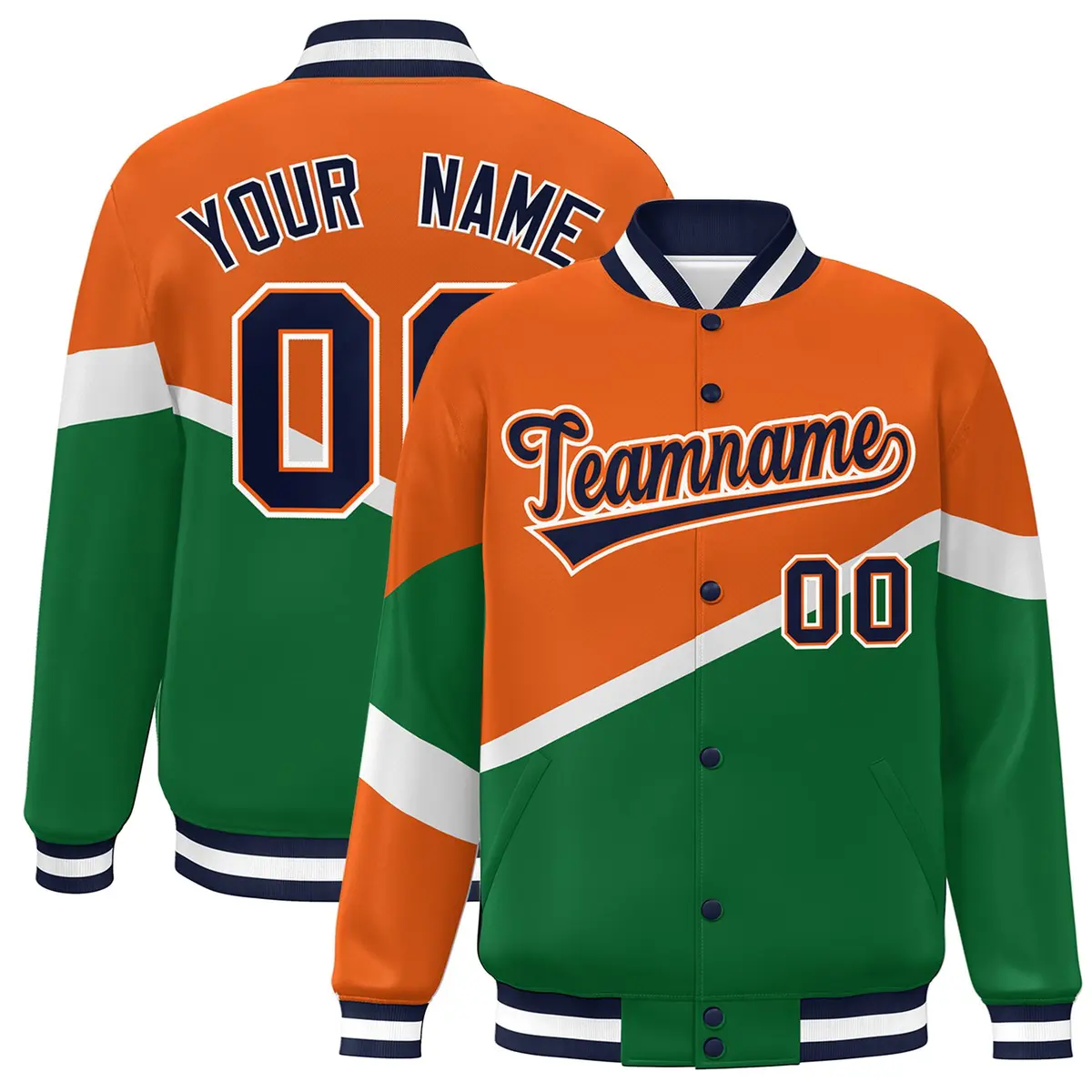 Orange Kelly Green Navy-Orange Color Block Varsity Baseball Jacket