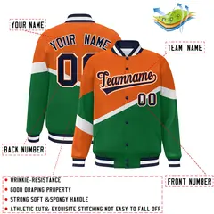 Orange Kelly Green Navy-Orange Color Block Varsity Baseball Jacket 2
