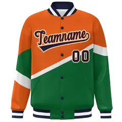 Orange Kelly Green Navy-Orange Color Block Varsity Baseball Jacket 3