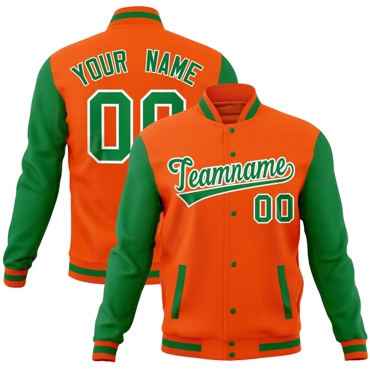 Orange Kelly Green Raglan Full-Snap Varsity Letterman Jacket