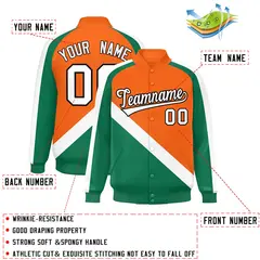 Orange Kelly Green Raglan Sleeves Full-Snap Letterman Baseball Jacket 2