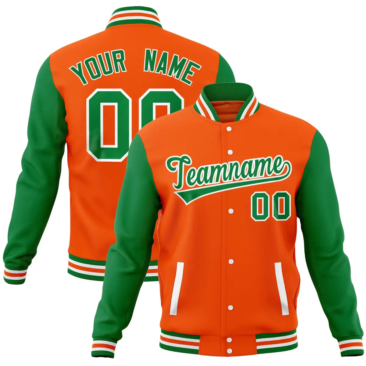 Orange Kelly Green Raglan Sleeves Full-Snap Letterman Baseball Jacket