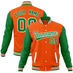 Orange Kelly Green Raglan Sleeves Full-Snap Letterman Baseball Jacket