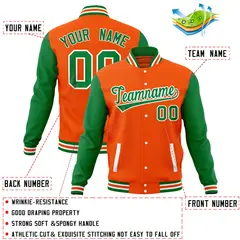 Orange Kelly Green Raglan Sleeves Full-Snap Letterman Baseball Jacket 4