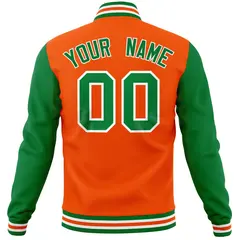 Orange Kelly Green Raglan Sleeves Full-Snap Letterman Baseball Jacket 6