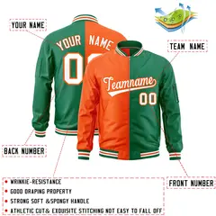 Orange Kelly Green Split Two Tone Full-Zip Varsity Letterman Bomber Jacket 2