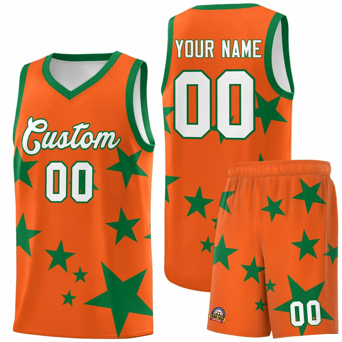 Orange Kelly Green Star Graffiti Basketball Jersey Sets