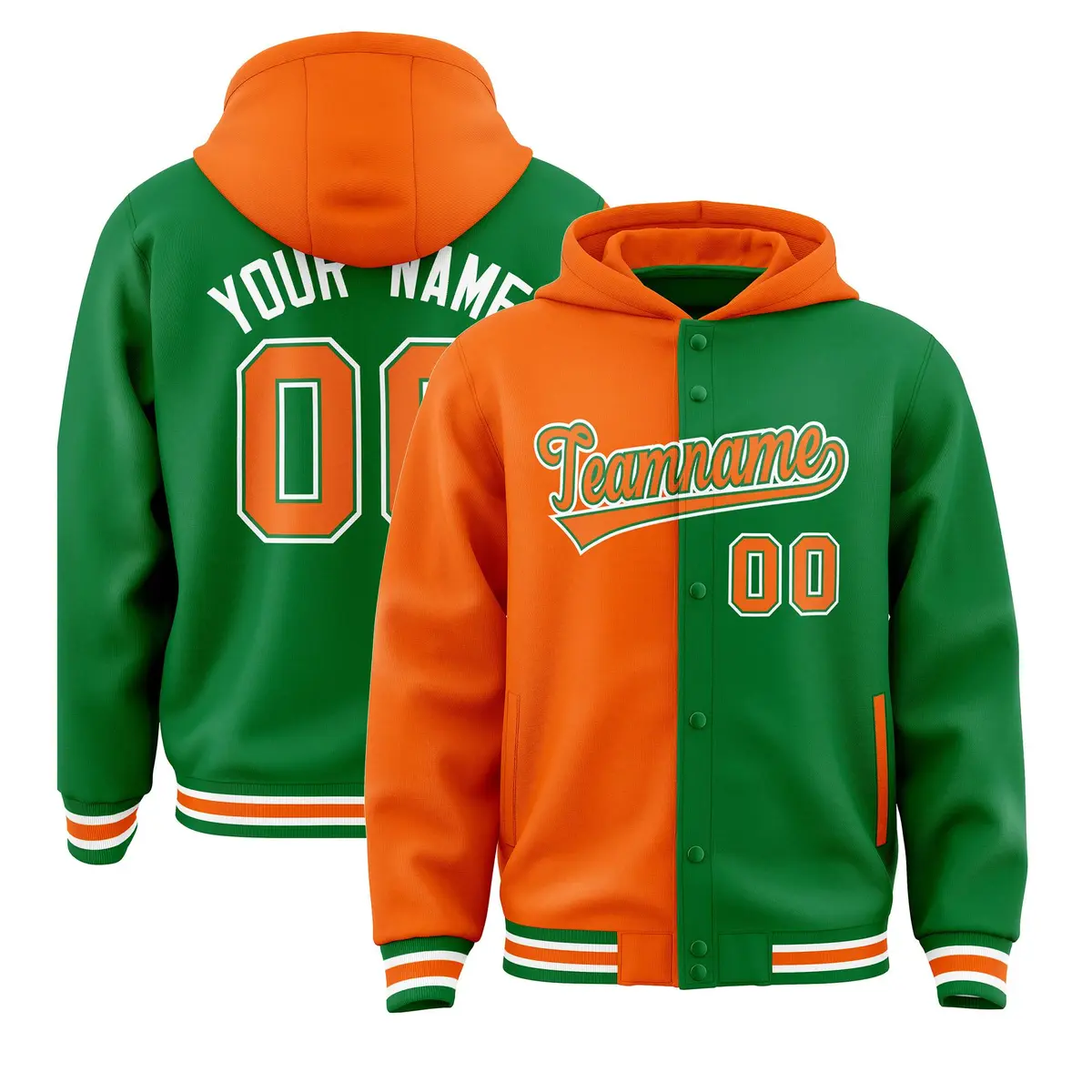 Orange Kelly Green Two Tone Split Varsity Letterman Hoodie Jacket