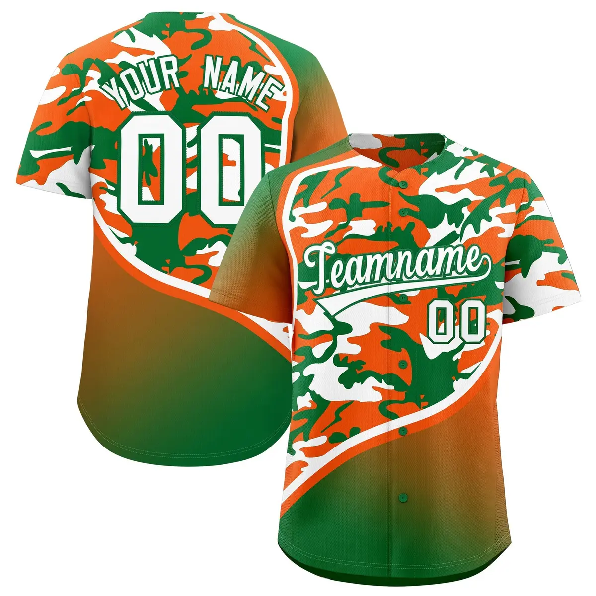 Orange Kelly Green White Camo Gradient Baseball Jersey