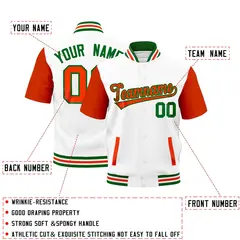 Orange Kelly Green White Full-Snap Short Sleeve Varsity Jacket 2