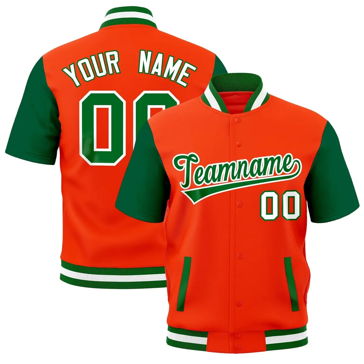 Orange Kelly Green White Full-Snap Short Sleeve Varsity Jacket