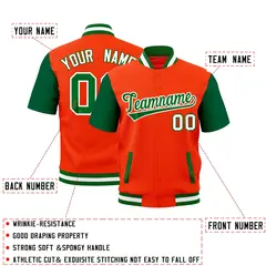 Orange Kelly Green White Full-Snap Short Sleeve Varsity Jacket 2