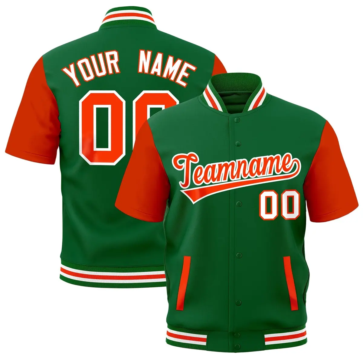 Orange Kelly Green White Full-Snap Short Sleeve Varsity Jacket