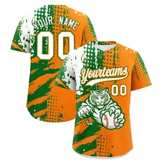 Orange Kelly Green White Full-Snap Tiger Graffiti Baseball Jersey 1