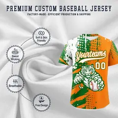 Orange Kelly Green White Full-Snap Tiger Graffiti Baseball Jersey 3