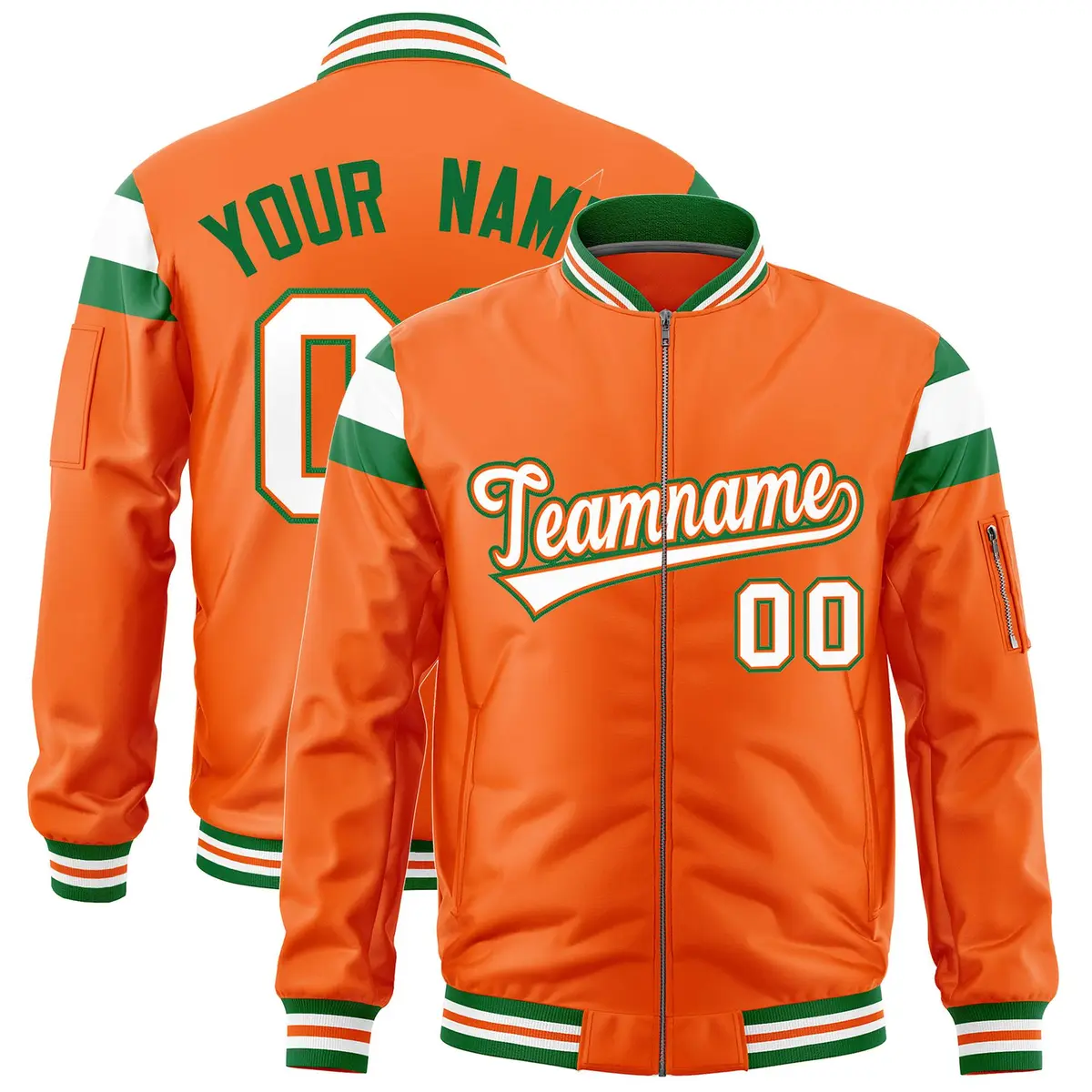 Orange Kelly Green White Full-Zip Shoulder Block Varsity Letterman Bomber Jacket