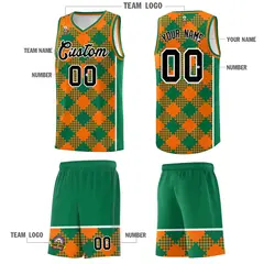 Orange Kelly Green-White Grid Basketball Kits For Team 5