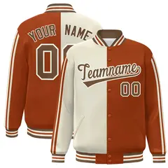 Orange Khaki Two Tone Color Block Varsity Baseball Bomber Jacket 1