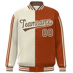 Orange Khaki Two Tone Color Block Varsity Baseball Bomber Jacket 3