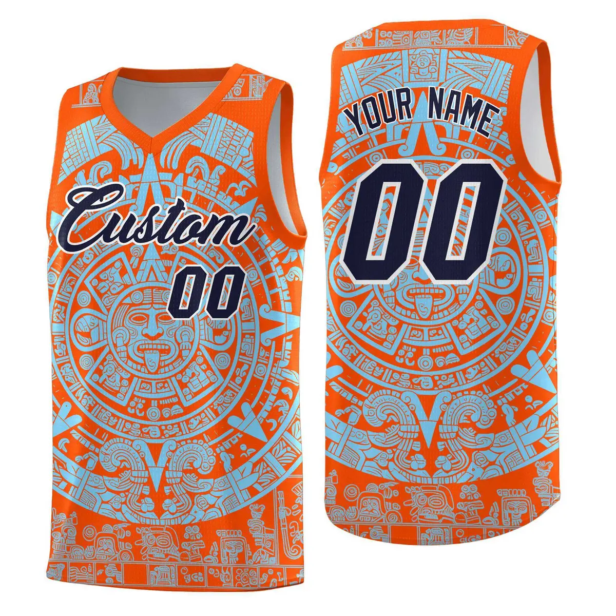 Orange Light Blue Aztec Sun Stone Graffiti Quick-Drying Basketball Jersey