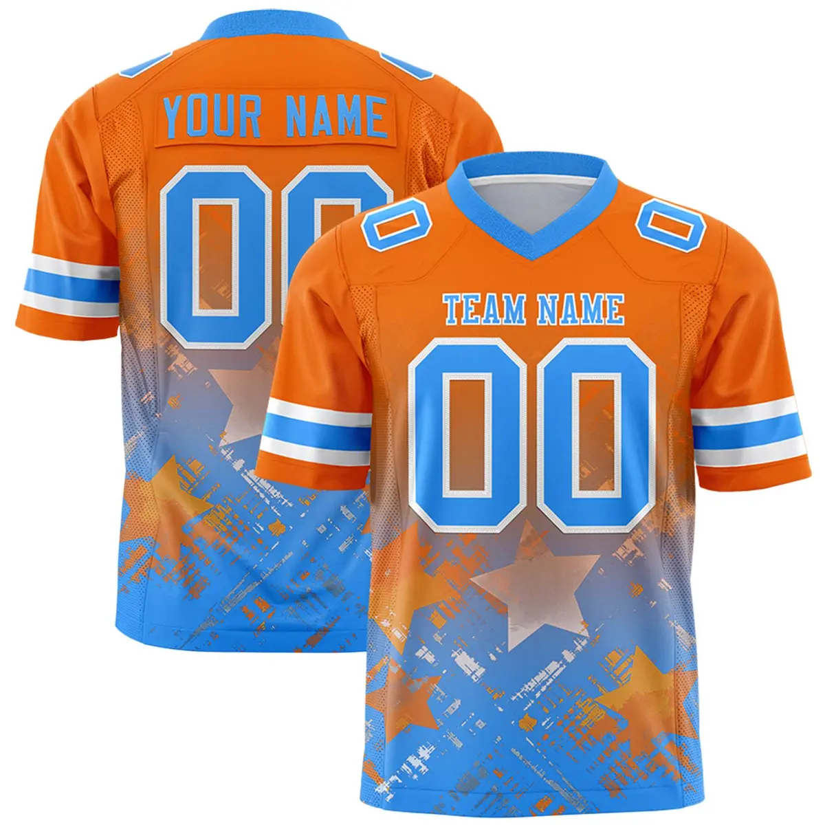 Orange Light Blue Star Gradient Flag Football Jersey