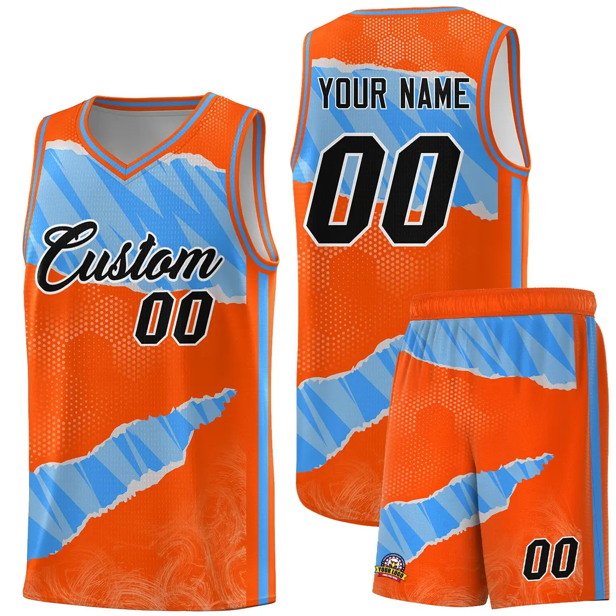 Orange Light Blue-White Tear Graffiti Basketball Jersey