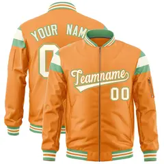 Orange Light Green Cream Full-Zip Shoulder Block Letterman Bomber Jacket