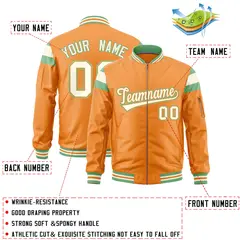Orange Light Green Cream Full-Zip Shoulder Block Letterman Bomber Jacket 2